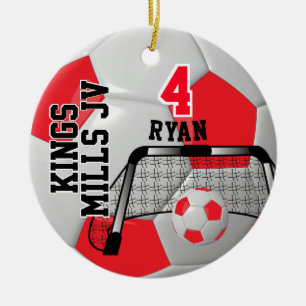 Custom Red and White Personalize Soccer Ball Ceramic Ornament