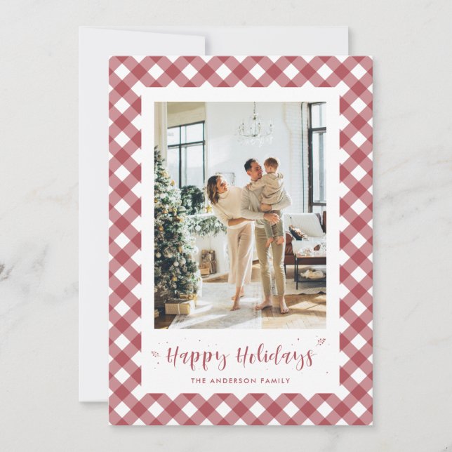 Custom Red and White Plaid Photo Holiday Cards (Front)