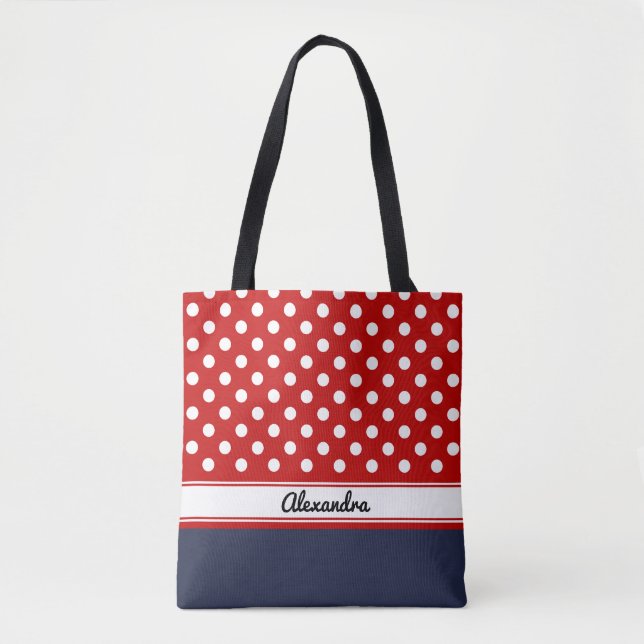 Custom Red and White Polka Dots with Navy Base Tote Bag (Front)