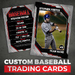 Custom Red Baseball Trading Card Baseball Player<br><div class="desc">Showcase your love for the game with this stylish and customizable baseball trading card. Featuring a bold, modern design with a sleek black and red colour scheme, this card is perfect for honouring your favourite player. Easily add your own photo, player name, team name, and stats for a personalized touch....</div>