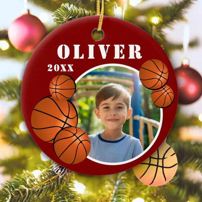 Custom Red Basketball Ball Sports Photo Ceramic Ornament (Creator Uploaded)