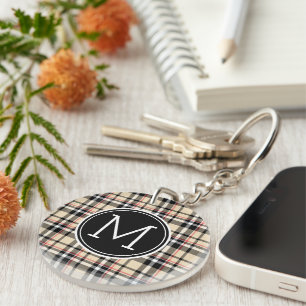 Custom Red Beige Black White Squares Plaid Pattern Keychain