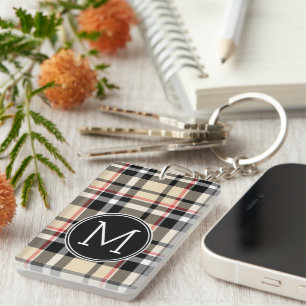 Custom Red Beige Black White Squares Plaid Pattern Keychain