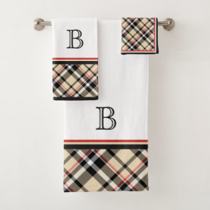 Custom Red Beige Black White Tartan Plaid Pattern Bath Towel Set