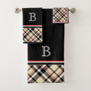 Custom Red Beige Black White Tartan Plaid Pattern Bath Towel Set