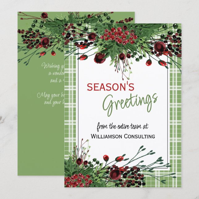 Custom Red Berries Green Holly Botanical Foliage Holiday Card (Front/Back)