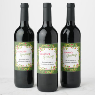 Custom Red Berries Green Holly Botanical Foliage Wine Label
