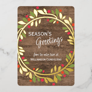 Custom Red Berries Green Holly Foliage Gold Foil Holiday Card