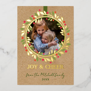 Custom Red Berries Green Leaves Wreath Gold Foil Holiday Card