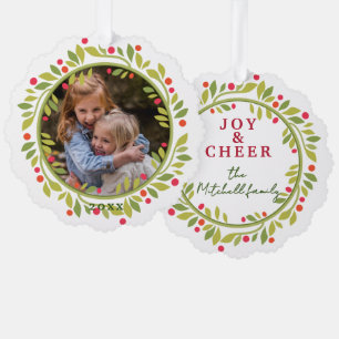 Custom Red Berries Green Leaves Wreath Ornament Card