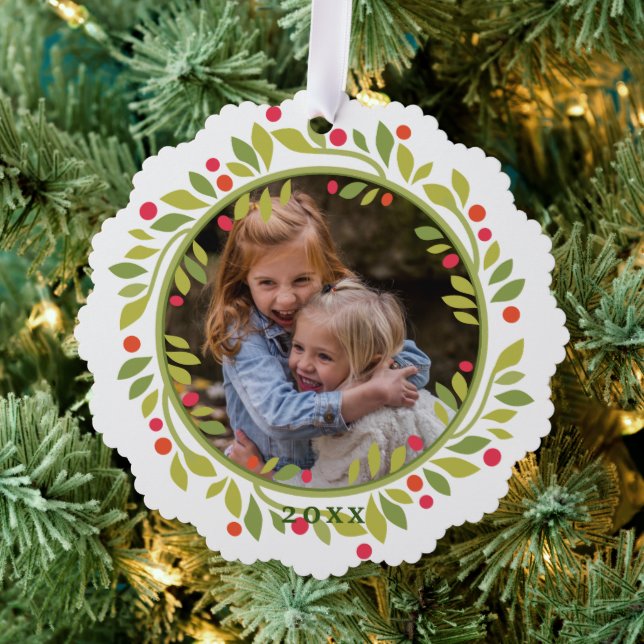 Custom Red Berries Green Leaves Wreath Ornament Card (Insitu (Tree))