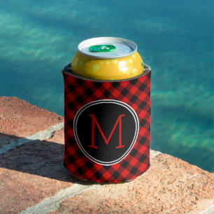 Custom Red Black Buffalo Check Plaid Pattern Can Cooler