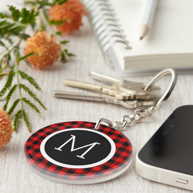 Custom Red Black Buffalo Check Plaid Pattern Keychain (Front Right)