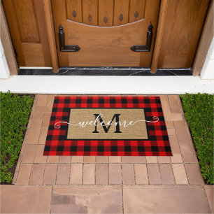 Custom Red Black Buffalo Check Tartan Pattern Doormat