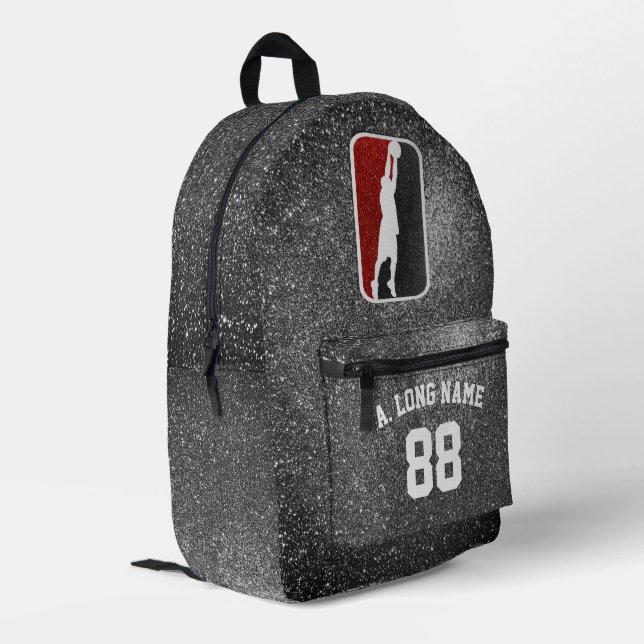 Custom Red & Black Glitter Basketball Player  Printed Backpack (Back Corner Left)