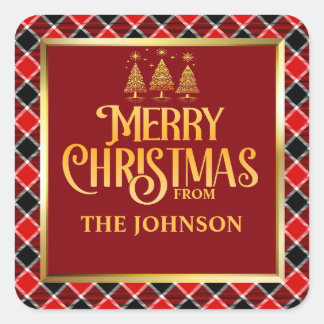 CUSTOM Red Black Plaid Gold Merry Christmas  Square Sticker