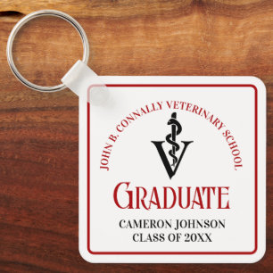 Custom Red Black Veterinary School Graduation Keychain