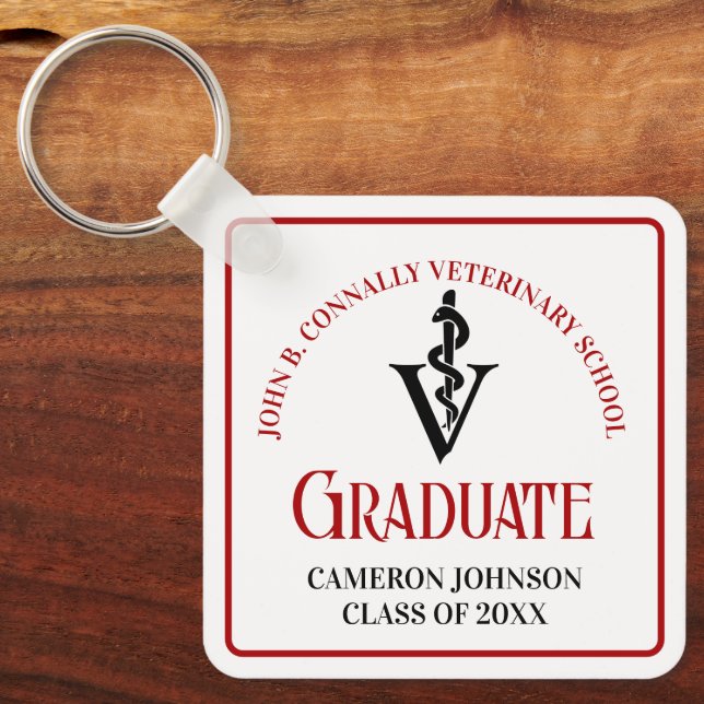 Custom Red Black Veterinary School Graduation Keychain (Front)
