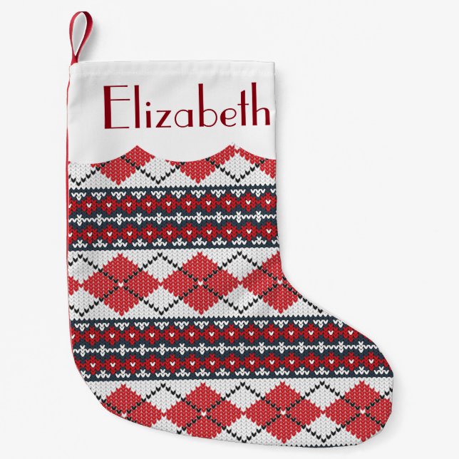 Custom Red Blue & White Nordic Fair Isle Argyle Small Christmas Stocking (Front)
