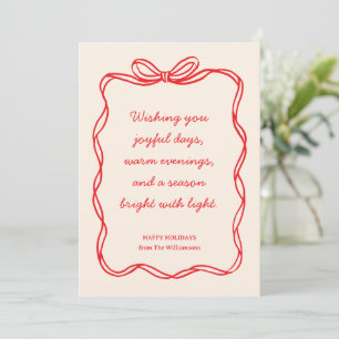Custom Red Bow No Photo Christmas Letter Message Holiday Card