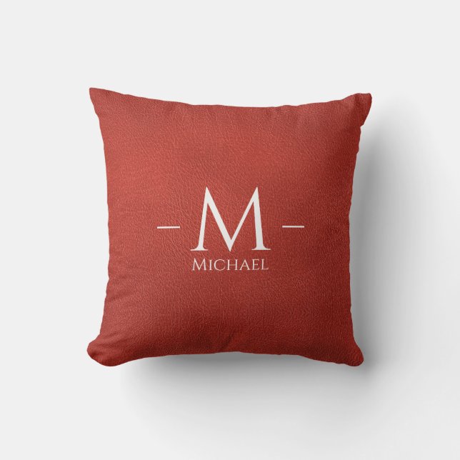 Custom Red Brown Leather Look Monogram Template Throw Pillow (Front)