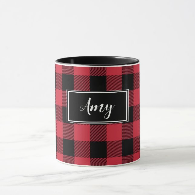 Custom Red Buffalo Check Plaid Name Centred Mug (Center)