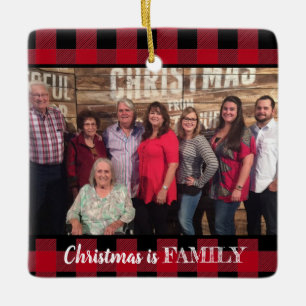 Custom Red Buffalo Plaid 2-photo Family Photo Ceramic Ornament