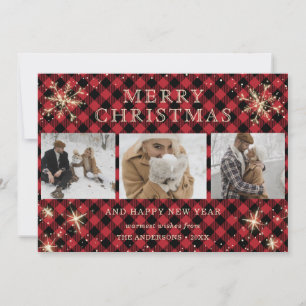 Custom Red Buffalo Plaid 3 Photo Holiday Card