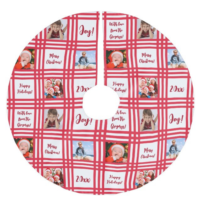Custom Red Candy Cane Plaid Family Photo Collage Brushed Polyester Tree Skirt (Front)