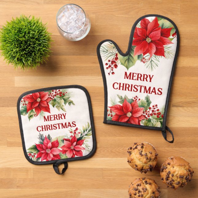 Custom Red Christmas Floral Kitchen Accessories Oven Mitt & Pot Holder Set (Top Down)