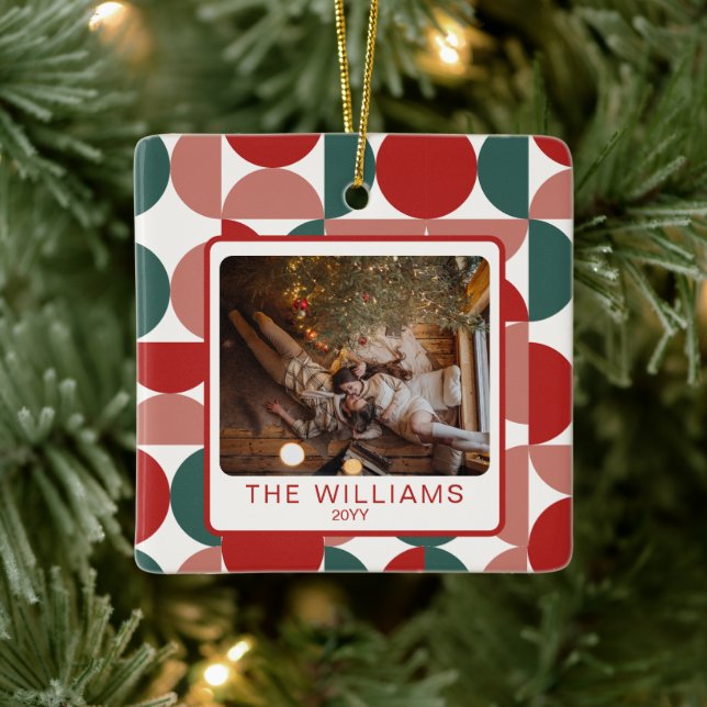 Custom Red Christmas Geometric Pattern 2 Photos Ceramic Ornament (Tree)