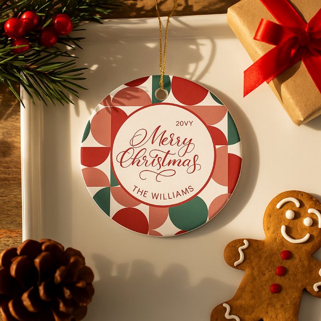 Custom Red Christmas Geometric Pattern Photo Ceramic Ornament (Creator Uploaded)
