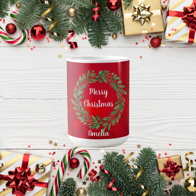 Custom Red Christmas Stocking and Greenery Wreath Coffee Mug (Creator Uploaded)