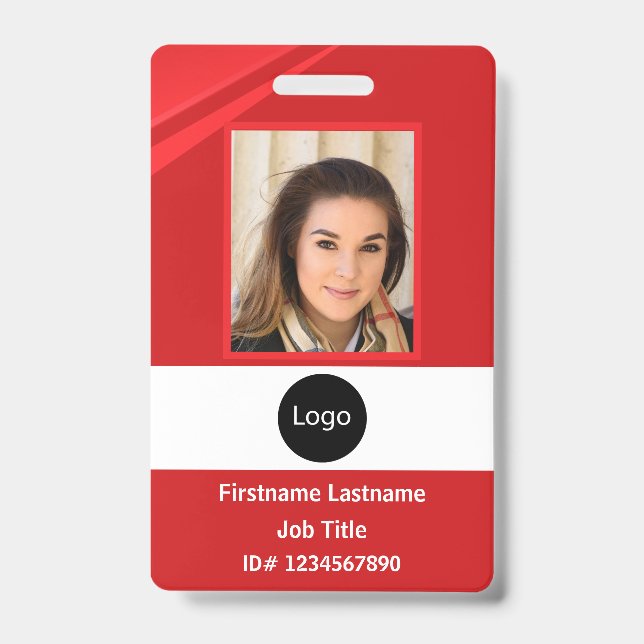 custom Red company employee Photo, Logo, Bar Code Badge (Front)