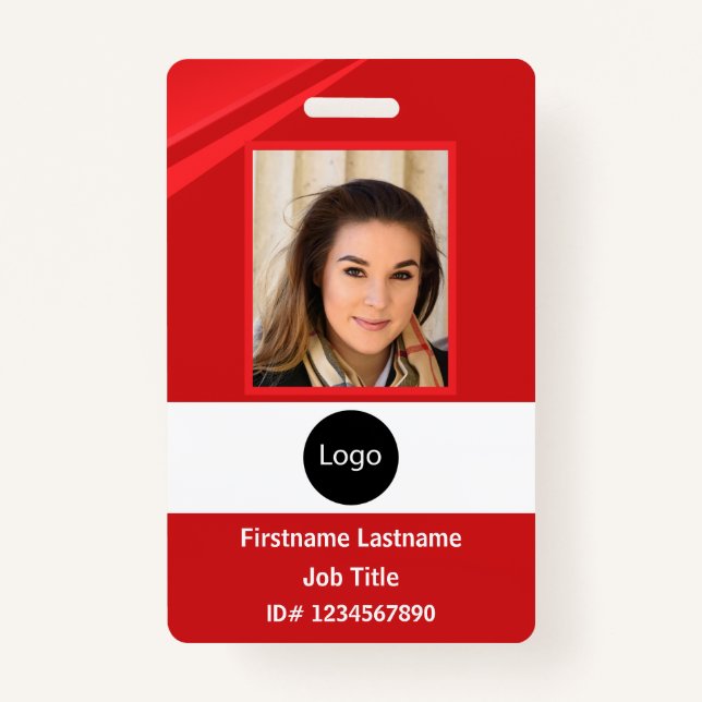 custom Red company employee Photo, Logo, Bar Code Badge (Front)