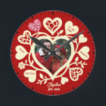 Custom Red Cream Photo Heart Clock<br><div class="desc">This heartwarming wall clock is special because it transforms a standard timepiece into a cherished romantic keepsake by featuring your favourite couple's photo at the heart of the design. Set against a bold crimson background with soft cream decorative hearts and customizable names, it tells a unique story of love and...</div>