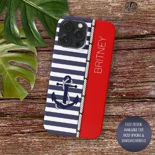 Custom Red Dark Blue White Anchor Striped Pattern iPhone 15 Pro Max Case