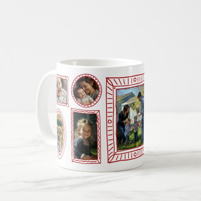 Custom Red Doodle Frame 8-Photo Collage  Coffee Mug (Front Left)