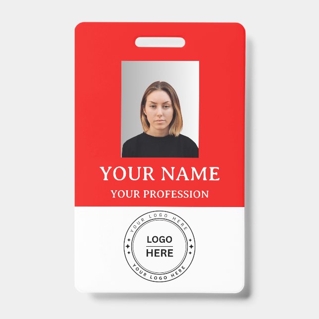 Custom red Employee Badge with Photo, Logo, QR (Front)