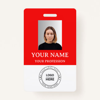Custom red Employee Badge with Photo, Logo, QR