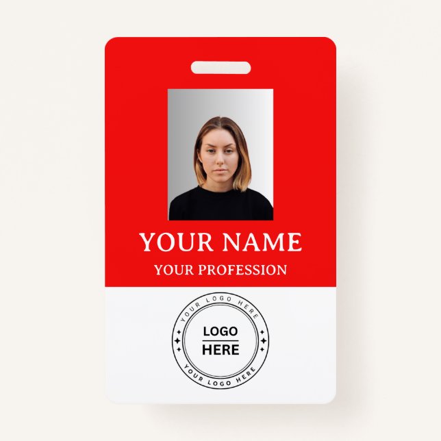 Custom red Employee Badge with Photo, Logo, QR (Front)