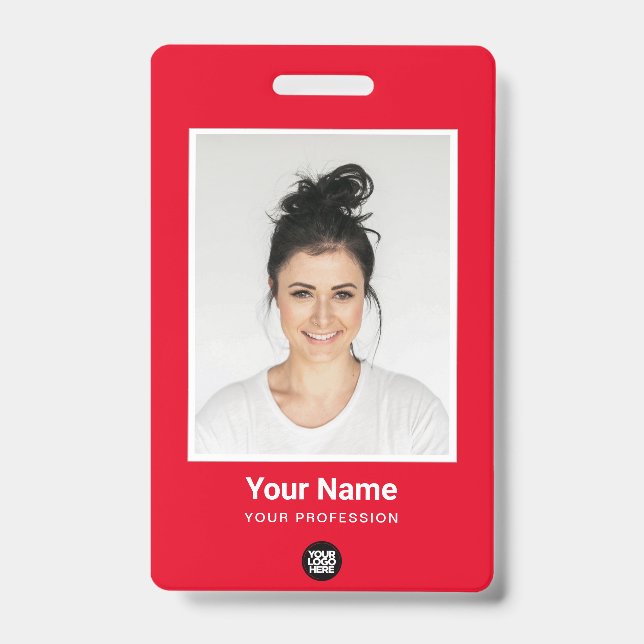 Custom Red Employee Large Photo, BarCode, Name Badge (Front)