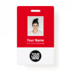 Custom Red Employee Photo, Bar Code, Logo, Name