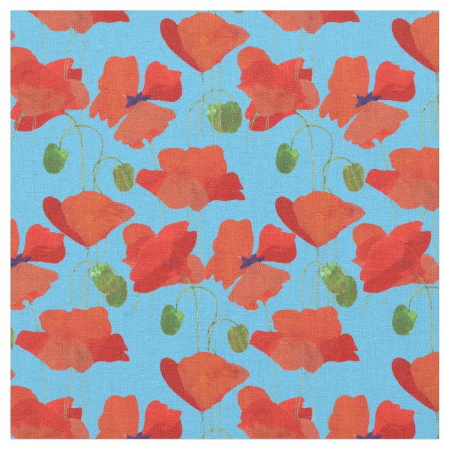 Custom Red Field Poppies Sky Blue Floral Fabric (Close Up)