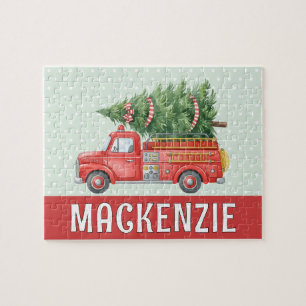 Custom Red Fire Christmas Tree Truck Firefighter  Jigsaw Puzzle