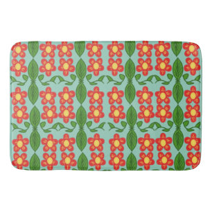 Custom Red Folk Art Flower & Leaf Pattern Bath Mat