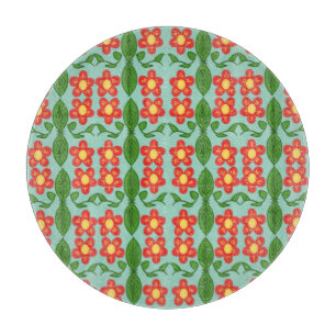 Custom Red Folk Art Flower & Leaf Pattern Cutting Board