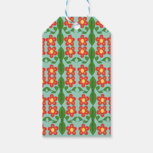 Custom Red Folk Art Flower & Leaf Pattern Gift Tags