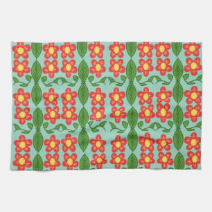Custom Red Folk Art Flower & Leaf Pattern Kitchen Towel