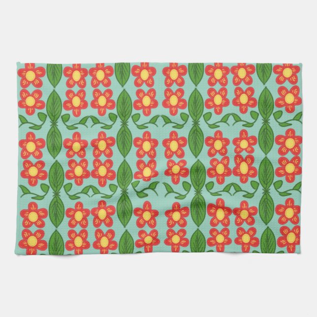 Custom Red Folk Art Flower & Leaf Pattern Kitchen Towel (Horizontal)